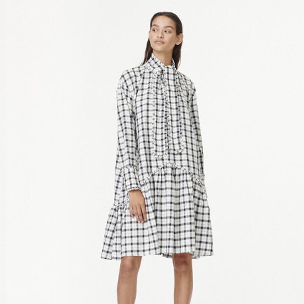 NWOT MUNTHE Tie-neck Ruffled Checked Cotton Dress - Picture 2 of 12